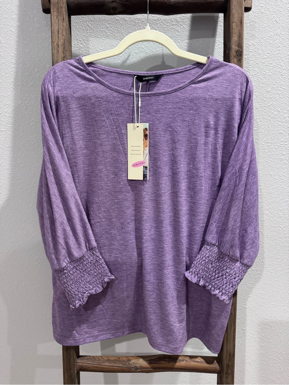 Adonna Lavender Purple Long Sleeve Tee with Smocked Cuffs: Large